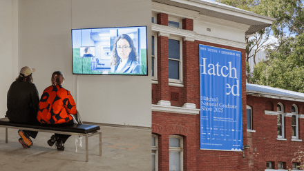 Image on left: Litia Roko, 500mL/point (2024), single-channel video. Installation view. Photo by Olivia Pizzale-Bryce. Image on right: Hatched: National Graduate Show 2025, Perth Institute of Contemporary Arts. Photo by Rebecca Mansell.