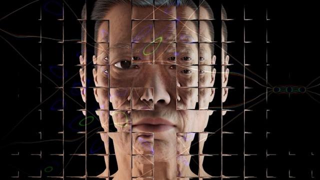 A photographic rendering of a simulated middle-aged white woman against a black background, seen through a refractive glass grid and overlaid with a distorted diagram of a neural network.