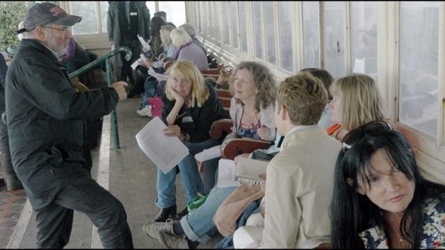 Mike Tooby and local Journeys with ‘The Waste Land’ researchers at Nayland Rock shelter on Margate Sands, where T.S. Eliot began writing the poem in 1921