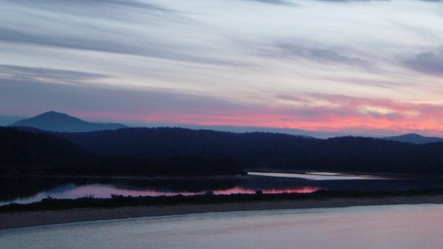 Whale Beach and Kiah Inlet with Balawan (Mt Imlay) at sunset