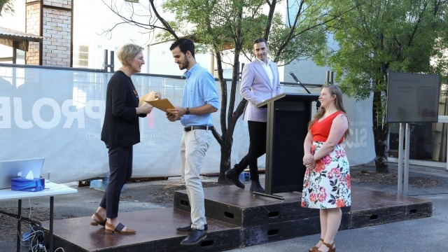 Graduating Exhibition Emerging Artist Support Scheme (EASS) Awards 2016 David Scerri and Christina Appleby recieving EASS awards from Denise Ferris