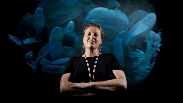 Erica Secombe in front of her work 'Out of Season.' Photo: Jay Cronan, sourced Canberra Times. http://www.canberratimes.com.au/a