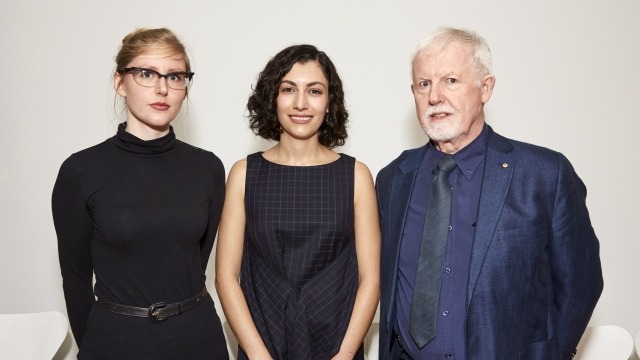 Painting alumna Elena Papanikolakis wins 2016 Eva Breuer Travelling Art Scholarship Winner Elena Papanikolakis (centre) with competition judges Isobel Parker Philip and Lou Klepac. Photo: Christopher Snee