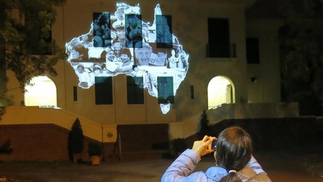 ANU School of Art becomes Enlightened Masters student Gabriela Vayas Rodriguez films the test projection of her digital animation projection.