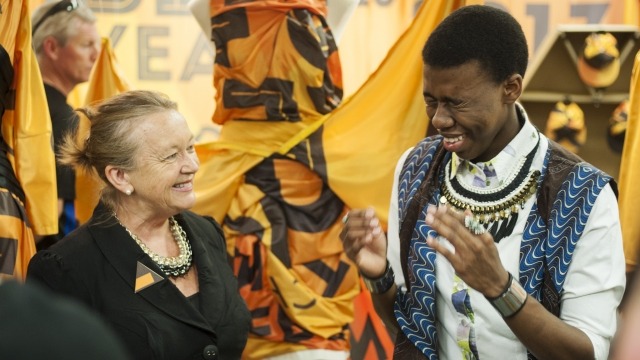 Reuben Bokaba wins the Chief Minister’s Prize Minister for the Arts, Joy Burch MLA and Reuben Bokaba with his winning design “Canberra Autumn Winds.” Photograph Martin Ollman