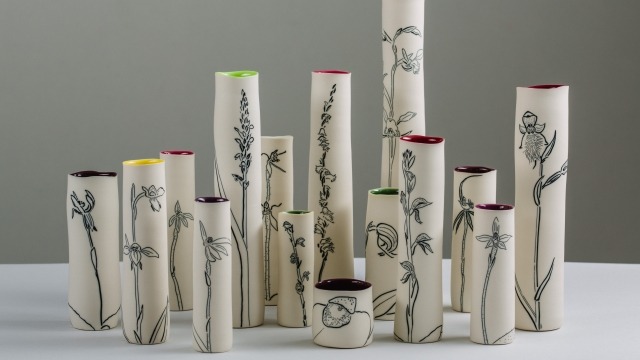 2/2015: Visual Arts Graduate Season Cathy Franzi, 62 Orchids: Black Mountain, detail, 2015. Porcelain, wheel-thrown, ink-lay, varying 40 h x 5 w cm.