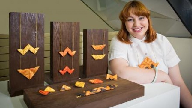 Image: Grace Moylan with her work Fold.Press.Sew. Photo by Stuart Hay.