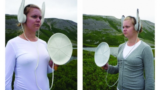 Image: Arctic Hare Hearing Ears, 2012. Felt, card, trowel, headphones, epoxy resin and cotton. Performance still with Olivia Bal