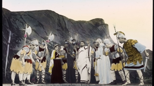 Hand coloured magic lantern slides of Christians being martyred in a lime-kiln, from Soldiers of the Cross, Australia, 1900