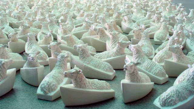 Anne Neil, White Flotilla, 2012, painted cast resin, hundreds of- 200 x 120 x 150 mm, installation size 3000 x 2000 mm