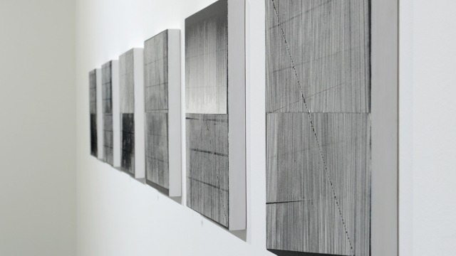 Emma Langridge, Rift I - VI, 2016, enamel and acrylic on wood, 35 x 30cm each