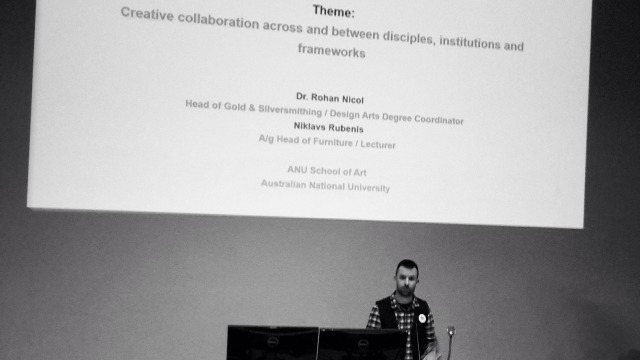 SoA staff present papers at 2015 ACUADS conference Niklavs Rubenis presenting 'Crafting connected knowledge', co-authored with Rohan Nicol, at ACUADS 2015 in Adelaide
