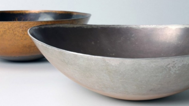Shibuichi 5 / shakudo 4  2011  10x28x28cm and 9x29x30cm  silver/copper alloy and gold/copper alloy  hammerwork  Crafts Council