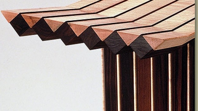 Hall Table Curly maple, macassar ebony. Detail of the end of the top. 54" long. One of seven pieces for a private residence