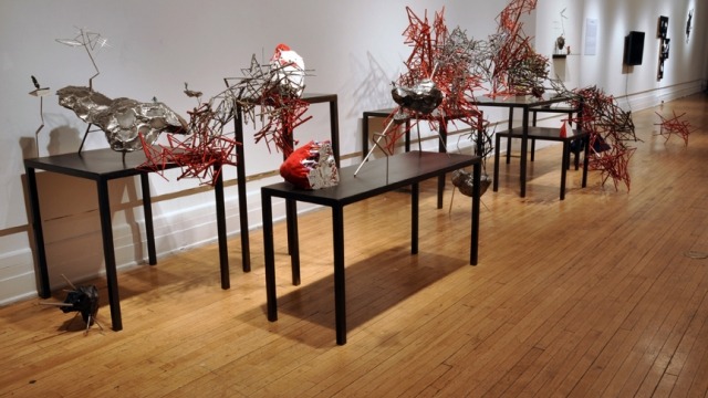 Michael McFalls, Arrangement 3 (Space Oddity), 1708 Gallery 2011, steel, plaster, pigment, resin, bronze, paint, & model trees