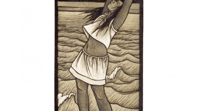 ROBIN WHITE Robin White, Nei Tiein goes for a walk 1992, woodcut on paper (set of 4), 29 x 13 cm each, Courtesy Helen Maxwell Gallery