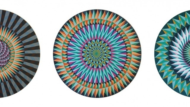 Image- Julie Brooke & Susan Buret, Spin- Off, 2018, flash vinyl and acrylic on laser-cut board, 60 cm diameter. Photo- Courtesy of the artists.