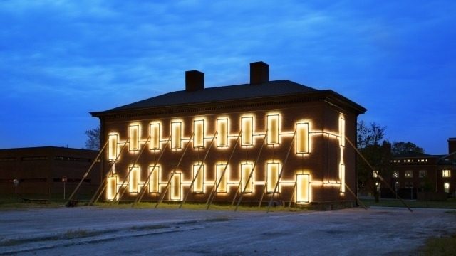 Image: Niko Dimitrijevic Line and Frame. 2018. Reclaimed fluorescent tubing, wood, steel, and generator. Dimensions vary.