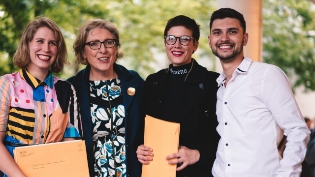 2018 Graduating Exhibition. L-R: Katrina Leske, Professor Denise Ferris, Ellen Sleeman-Taylor & Aidan Hartshorn 
