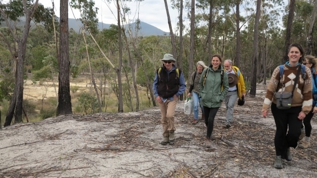 Franz Peters and participants of the 2019 Bundian Way Arts Exchange Field Program walking on the Bundian Way