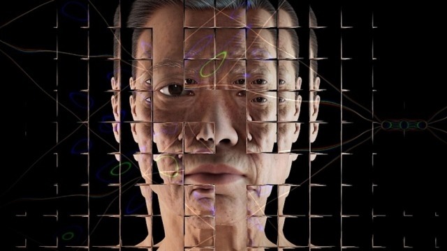 A photographic rendering of a simulated middle-aged white woman against a black background, seen through a refractive glass grid and overlaid with a distorted diagram of a neural network.