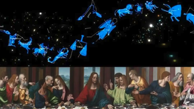 Image: An accurate early copy of The Last Supper by Giampietrino  (1495–1549), after Leonardo da Vinci  (1452–1519), the main source for the restoration of the original (1978-1998), set against the zodiac constellations that Leonardo used as his templates for each figure, made by Robert Tulip using astronomy software SkyGazer 4.5.